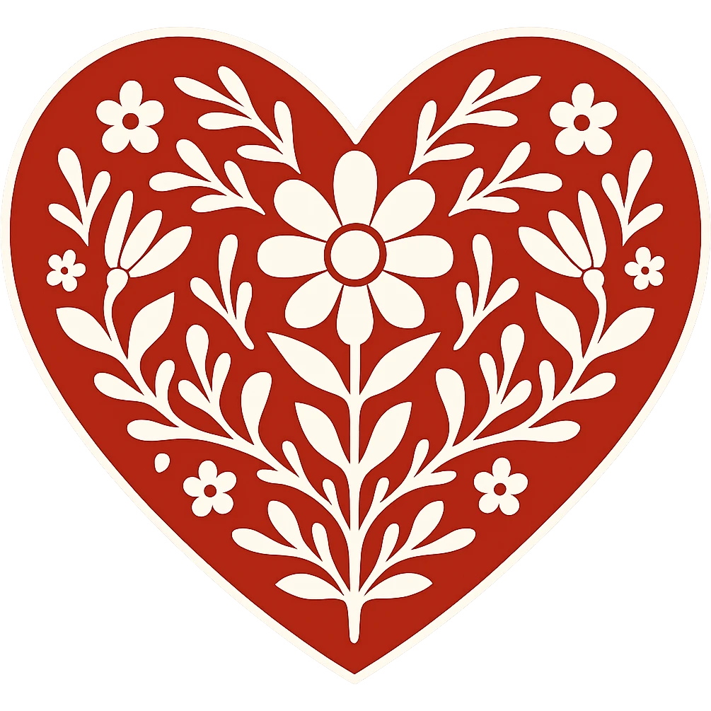 Add a white outline around the motif so it stands out against the red heart. Keep the motif minimalist and bold, maintain the red color and the border around the heart. The style should be Scandinavian folk art. Transparent background. emoji