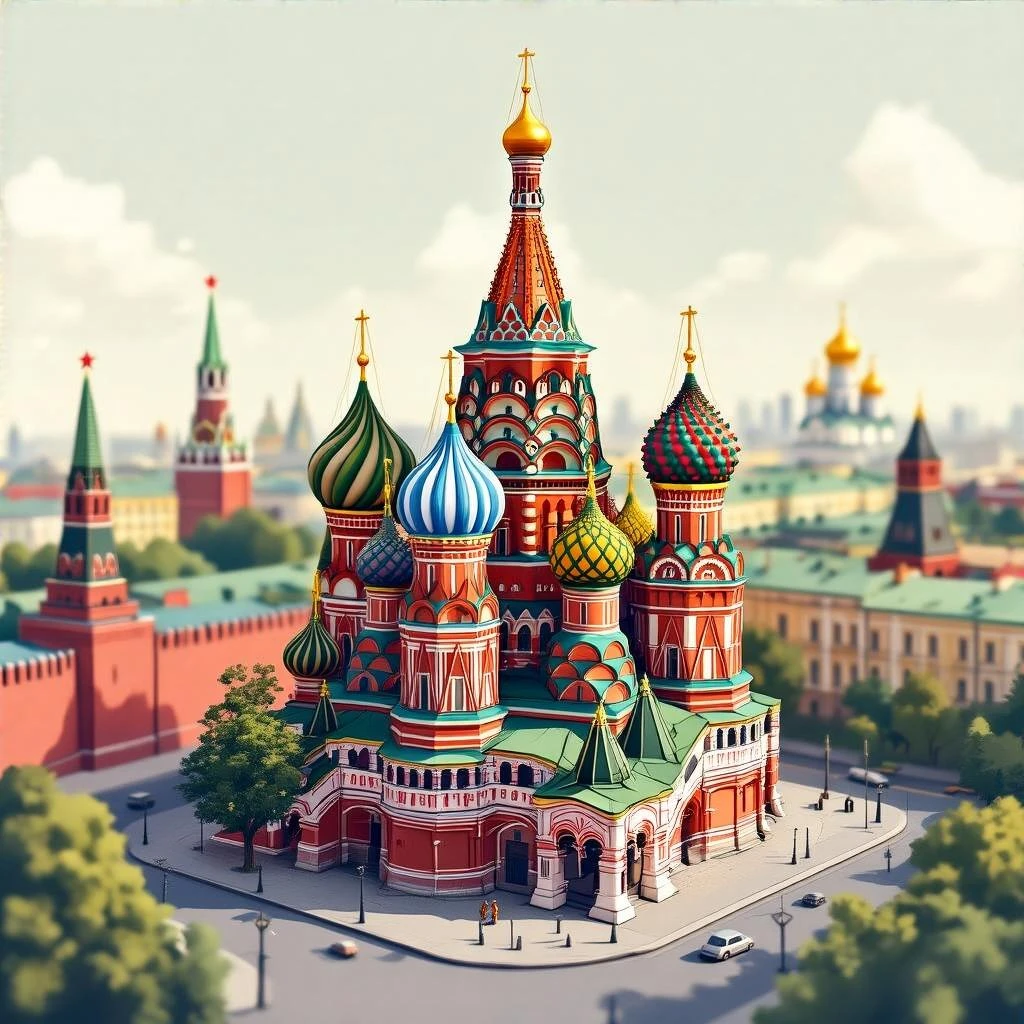 Isometric illustration of Moscow, featuring photorealistic Saint Basil's Cathedral with colorful onion domes, hand-drawn painterly details, subtle texture on bricks and roofs, realistic shadows and soft lighting, muted yet vivid color palette, diorama miniature effect. emoji
