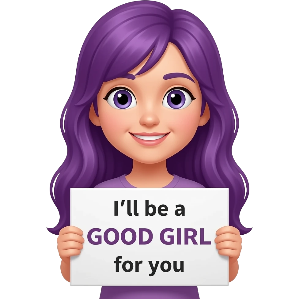 girl with long purple hair holding a I'll be a GOOD GIRL for you sign emoji