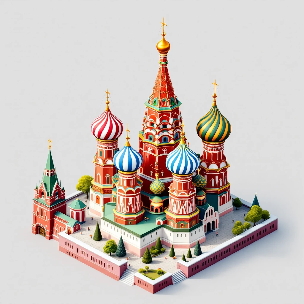 Isometric illustration of Moscow, featuring photorealistic Saint Basil's Cathedral with colorful onion domes, transparent background emoji