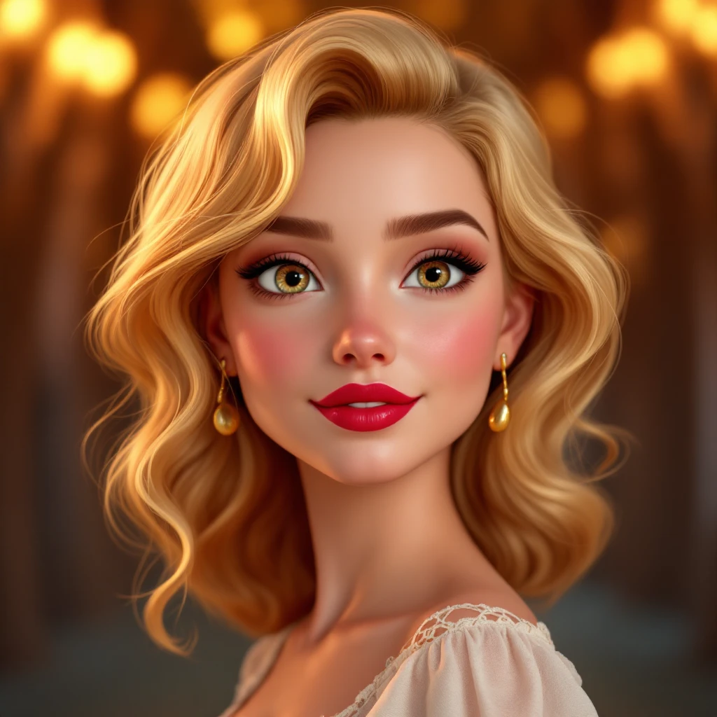 3D Disney style character of a woman with wavy blonde hair, golden eyes, and red lipstick, referencing the provided image emoji