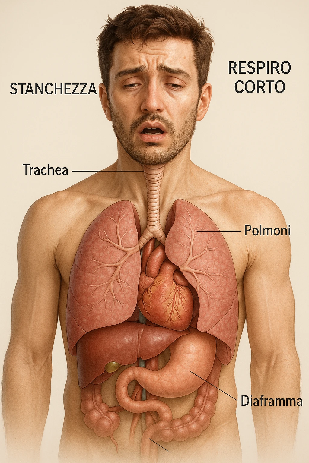 Uomo con stanchezza e respiro corto vista anatomica immagine realistica in 3D in italiano emoji
