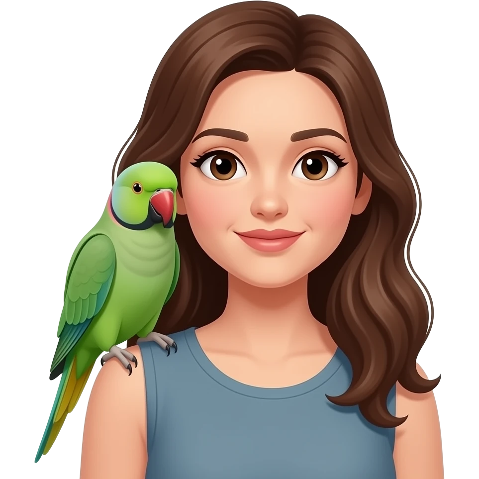 green indian ring neck parrot on a brown haired womans shoulder emoji