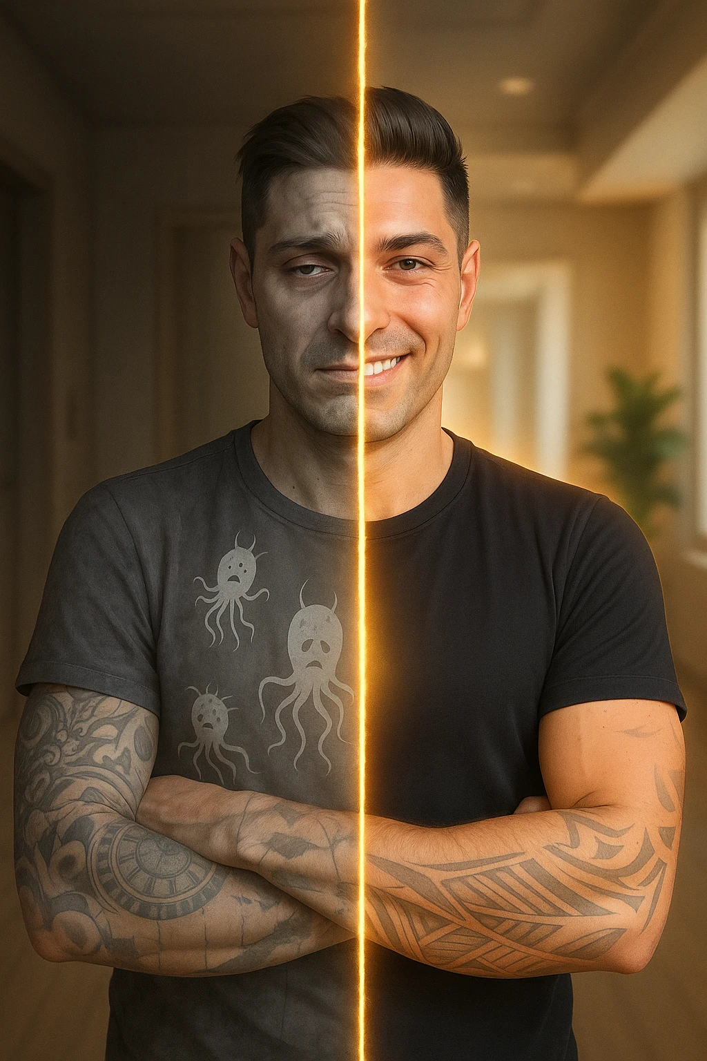 a man is depicted in two halves—on one side, he appears tired and weighed down, with faint, ghostly images of parasites visible inside his torso; on the other side, he is vibrant and healthy, with clear skin and bright eyes, the parasites gone. A visual transition or glowing line separates the two states, symbolizing recovery. emoji