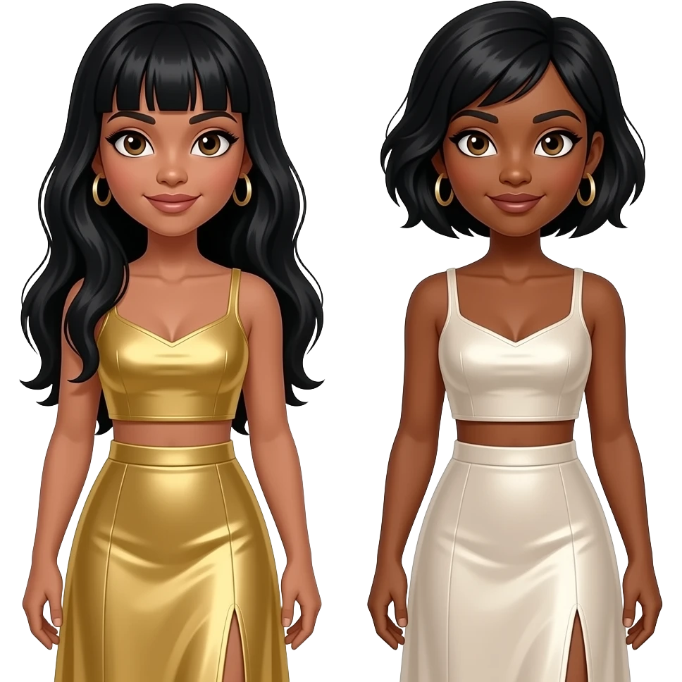 Destiny's Child with LeToya with long black hair with bang, gold crop top and long skirt, Kelly with brown skin and eyes short black hair, ivory metallic crop top and long skirt emoji