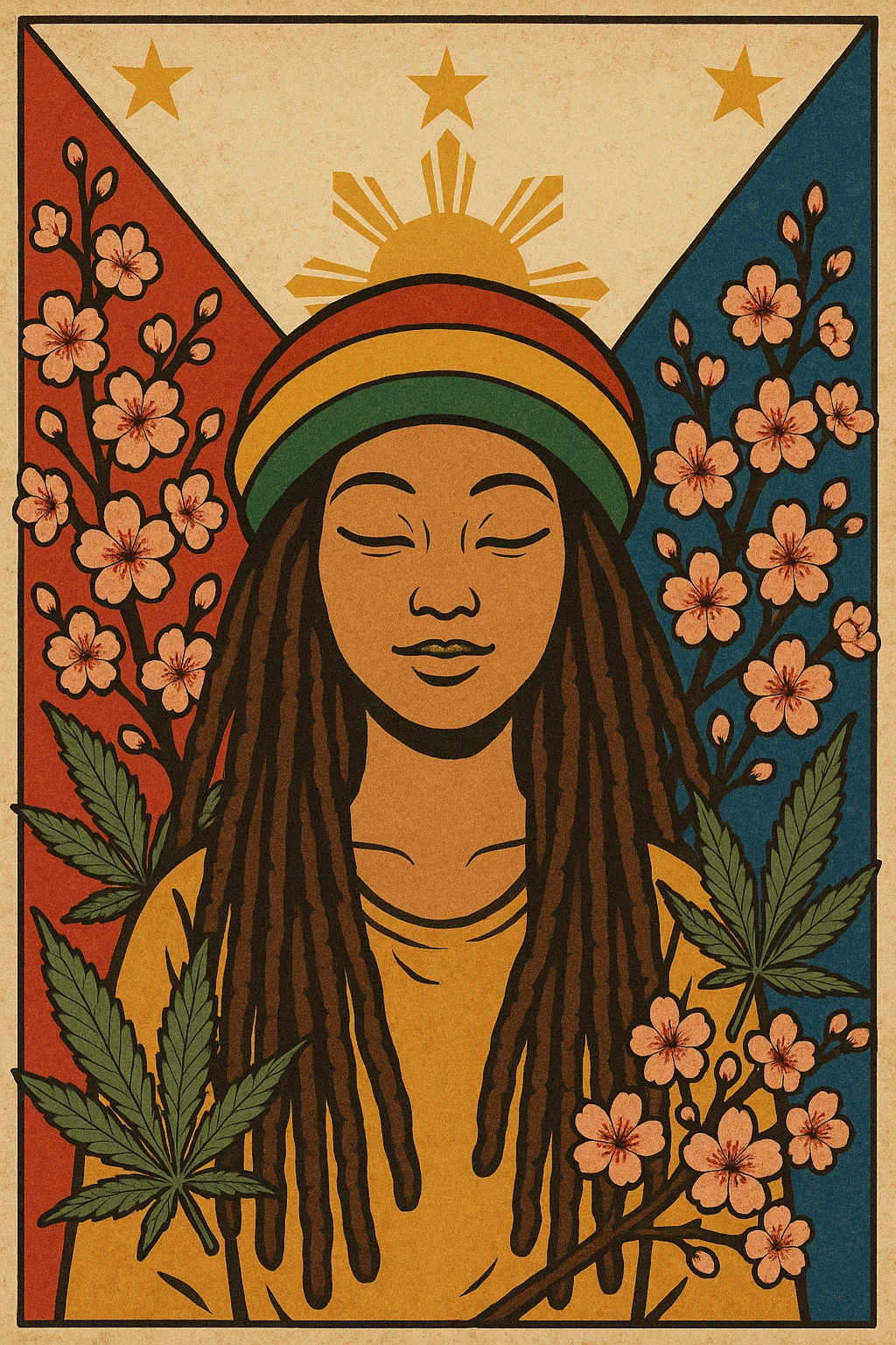 Vintage poster of an Asian Rasta woman with long dreadlocks, peaceful eyes, and a red-gold-green tam. Surrounded by cherry blossoms and ganja leaves. Background Asian flag. Retro reggae fusion vibe, with bold lines and aged paper texture. Philippines with the actual flag
 emoji