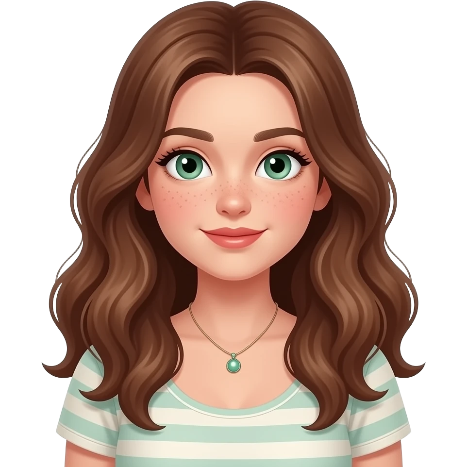 CUTE GIRL PREPPY WITH not volominous WITH WAVEY LONG BROWN HAIR, FRECKLES AND GREEN EYES IN CUTE TOP WITH NECKLES, STUDY GIRL emoji