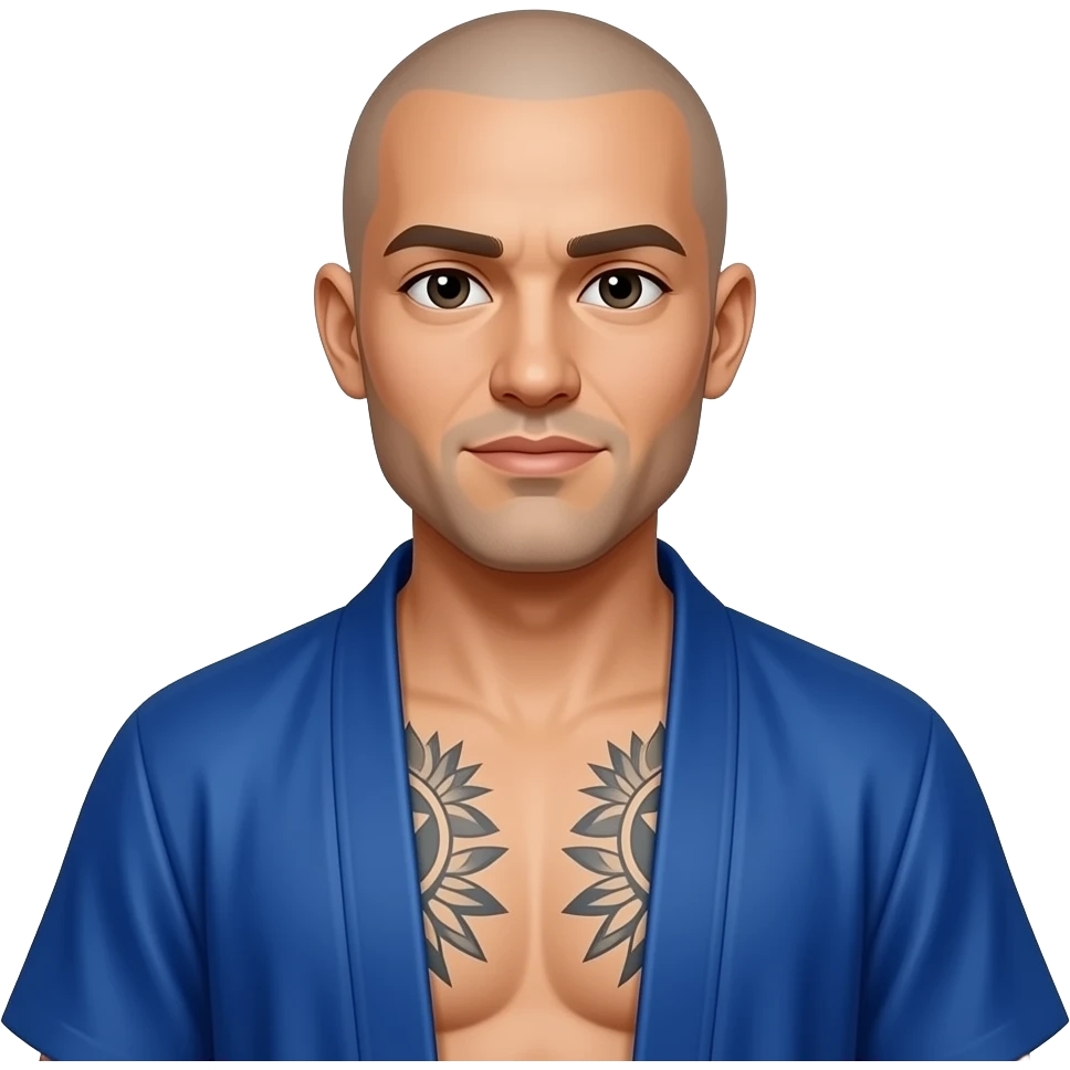 a man with no haris face close up with half body wear blue banyan and tatoo on his body emoji
