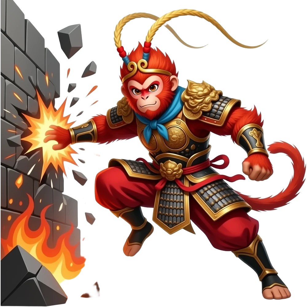 Sukrip, the red monkey king, fierce and powerful, smashing a giant wall, dynamic pose, fire-colored fur, traditional warrior attire, destruction effect background. emoji