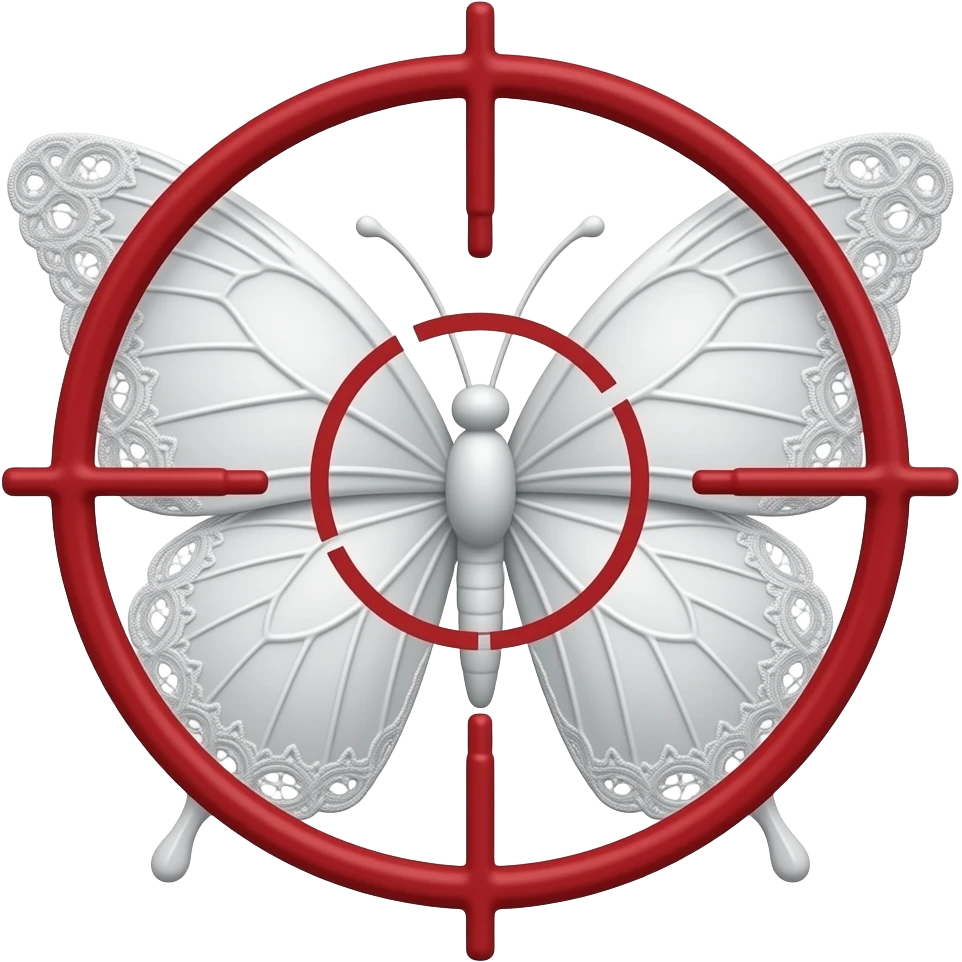 subtle elegant white butterfly, 3D emoji gothic butterfly, white velvet, white filigree, white lace trim, large red sniper crosshair overlay emoji