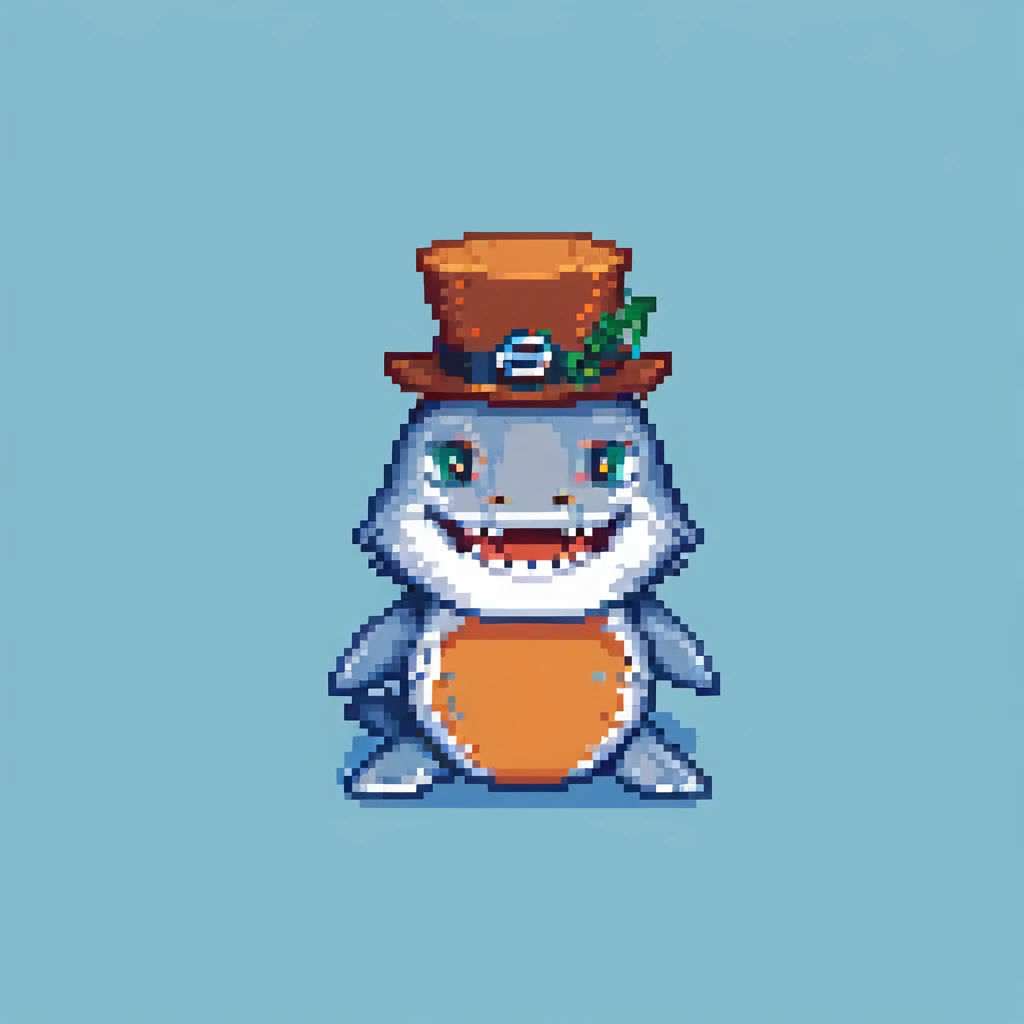pixel art shark in a tophat, smiling, blue background emoji