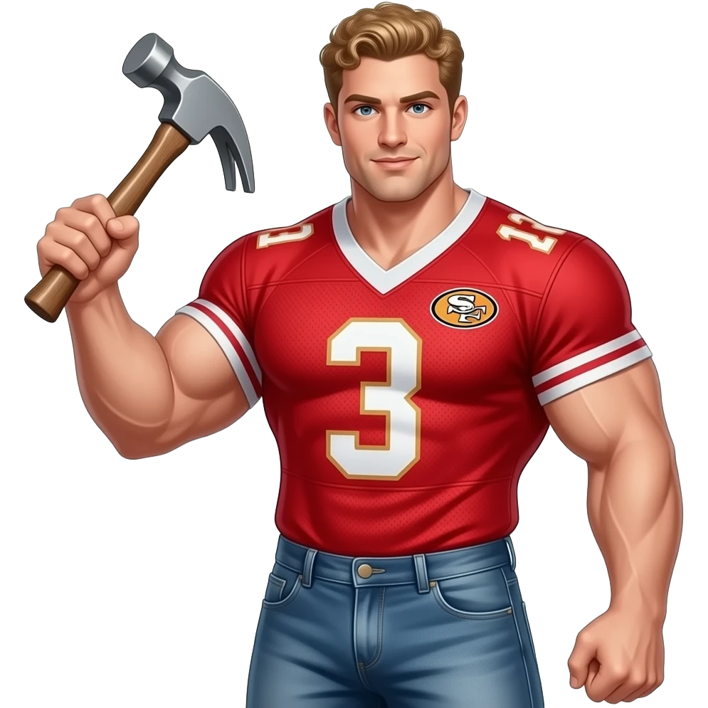 Muscle man with curly blonde hair big boobs holding hammer wearing red football jersey with 🍑  logo on shirt  in shorts emoji