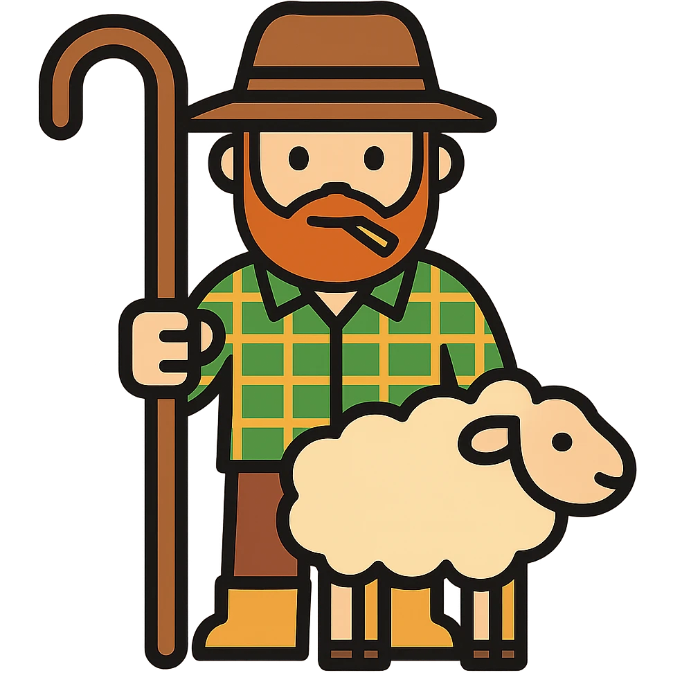 Make the shepherd wear a checkered shirt, brown pants, beige boots, and have a toothpick in his lips, maintaining the lineal color icon style with black outlines and transparent background. emoji