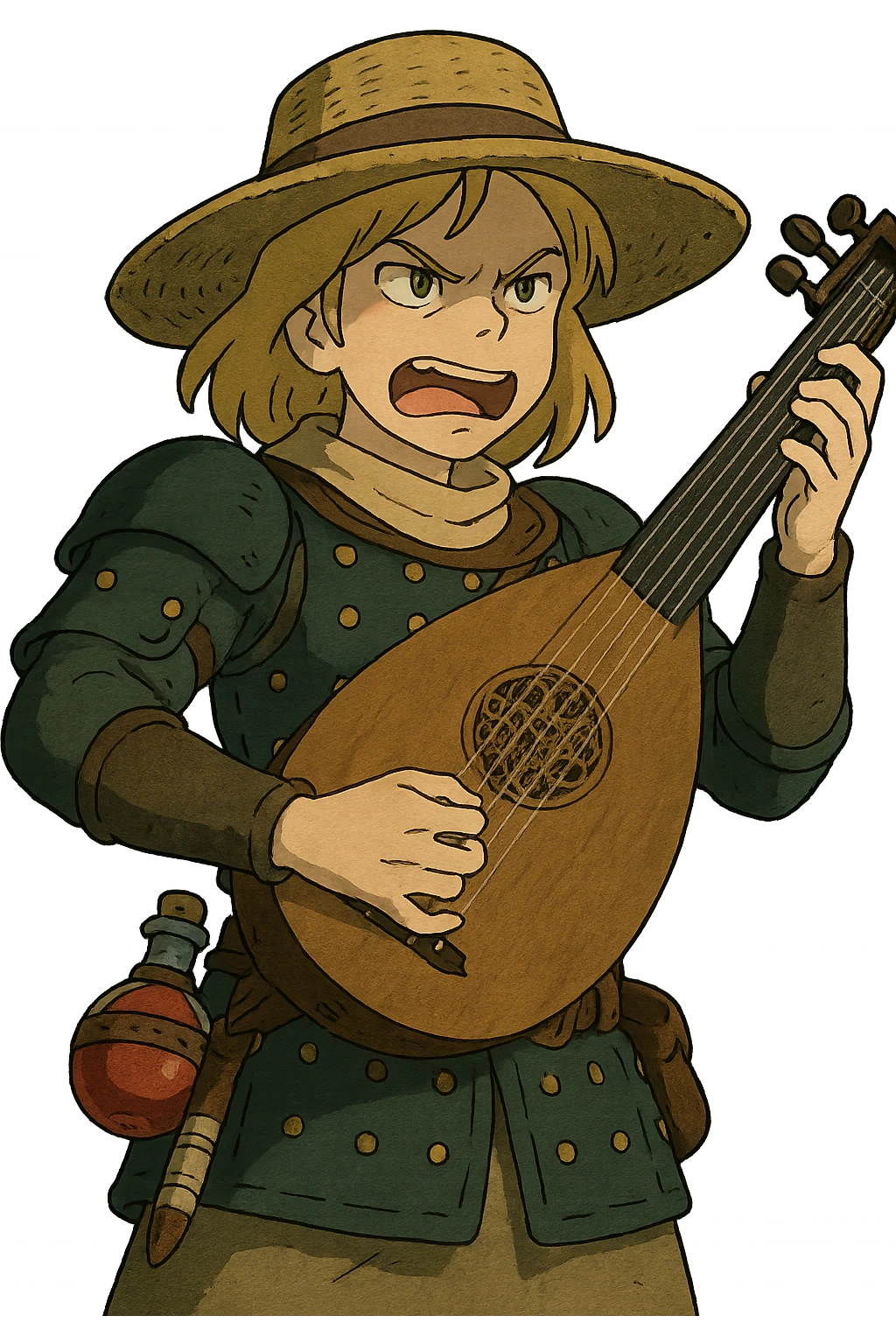 A female bard , blond hair, wearing brigandine armor with a sturdy straw hat, playing a fat medieval lute and singing, night time shadows, tool belt with red potion and bandages, portrait , mischievous grin, anger emoji