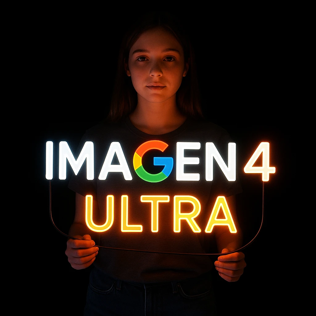 make a girl holding this sign, but sign in made of neon, also add ultra below the sign emoji