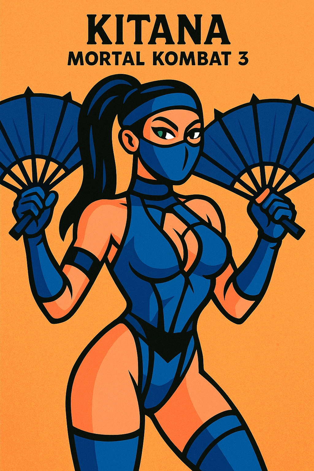 Kitana from Mortal Kombat 3, vibrant cartoon style, blue costume, mask, open fans, confident attitude emoji