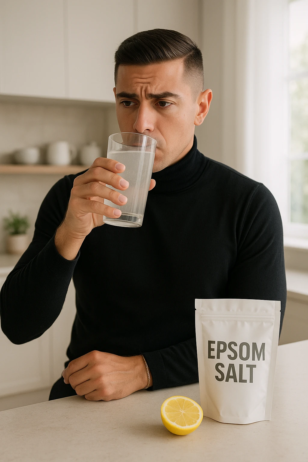 A realistic, bright photo-style image of a young man in his 30s standing in his kitchen, holding a clear glass filled with water in which Epsom salt (magnesium sulfate) has been dissolved. He looks focused but slightly uncertain as he prepares to drink it for a liver flush or digestive cleanse. The glass shows slight cloudiness from the dissolved salt. On the counter are a packet labeled 'Epsom Salt' and a sliced lemon, suggesting he might use it to mask the taste. The setting is clean, natural, and bright with neutral tones. The background shows sunlight streaming through a window, emphasizing a clean, minimalist health-focused environment. The mood conveys a realistic, calm moment of self-care with a hint of discomfort, illustrating a natural detox practice in italiano emoji