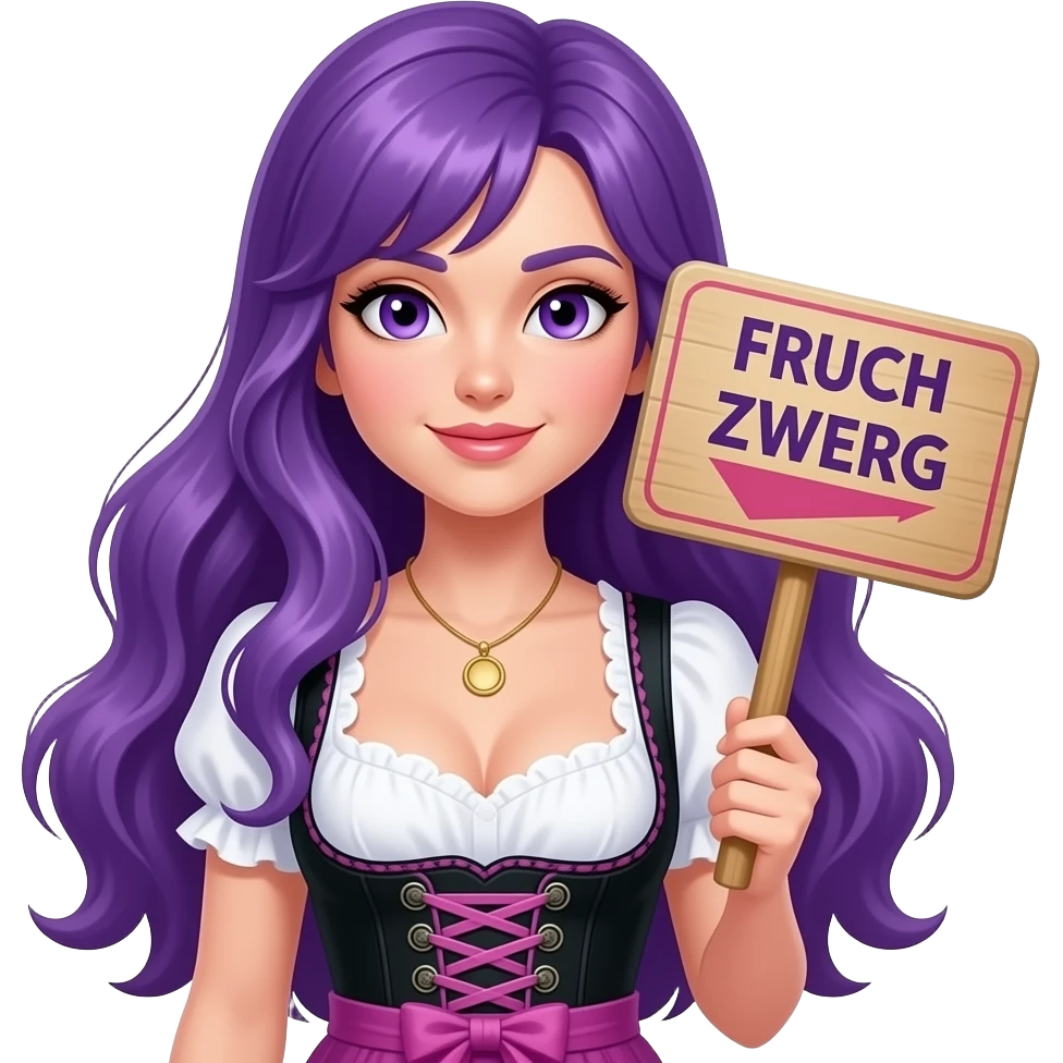 sexy girl with long purple hair and purple eyes wearing a dirndl holding a FRUCHTZWERG sign emoji