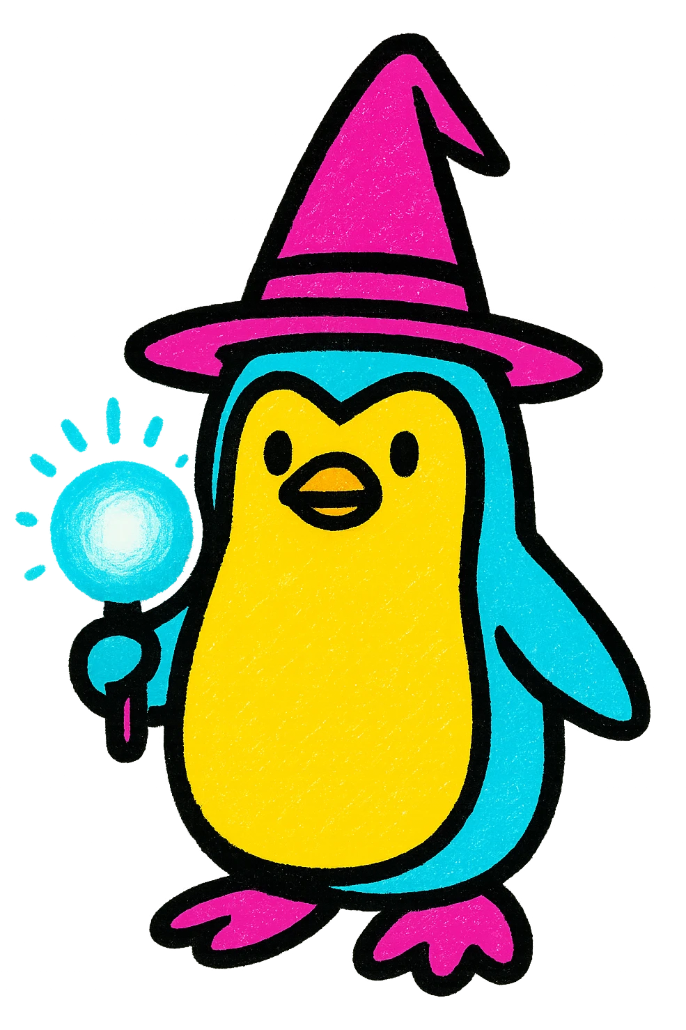 a penguin wizard wearing a pointed hat and holding a glowing orb, vibrant colorful style emoji
