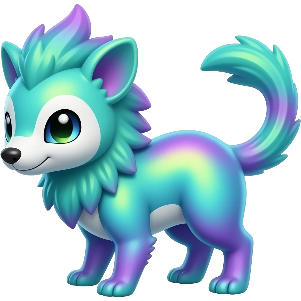 Iridescent Neon Green-Cyan-Magenta-gradients Minccino-Emolga-Numbat-Sergal-fusion-hybrid-animal-creature, full body emoji