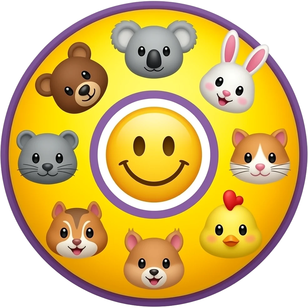 Smaller Yellow Smiley in the centre, circle form ,serrounded by the head only of these symbol sm 🐻🐰🐨🐈🐹🐿🐥, with bright yellow background, purple outline emoji