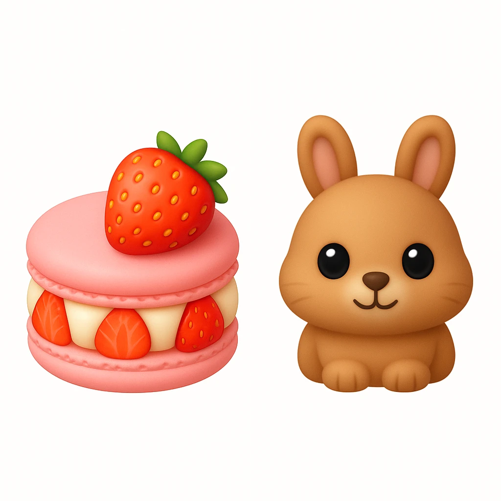 Create a set of 3D iOS style emojis featuring a macaron and a bunny, both designed in a kawaii style. The macaron should have a soft, pastel color scheme with a slightly glossy texture to give it a cute and appetizing look. The bunny should have large, sparkling eyes, a tiny nose, and fluffy fur, with a round, chubby body to enhance its adorableness. Both images should have a playful and charming appearance, typical of kawaii aesthetics, while maintaining the clean and polished look of iOS emojis. emoji