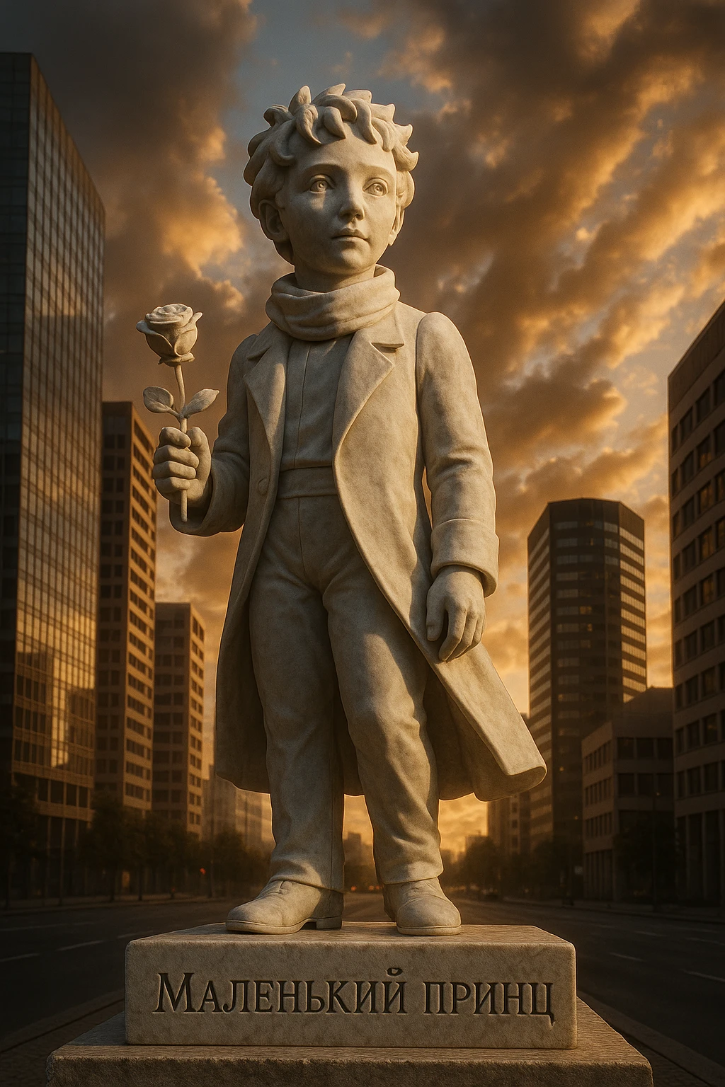 Ultra-realistic marble statue of the Little Prince with a rose in his hand, standing in a modern city. Pedestal engraved with 'Маленький принц'. Sunset, dramatic low-angle view. emoji