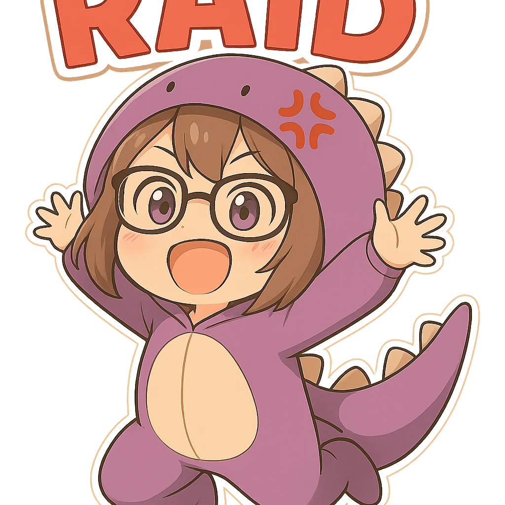 Add the text 'RAID' above the chibi anime style gamer girl in bold red letters, keeping the same chibi stickers style with no background. emoji