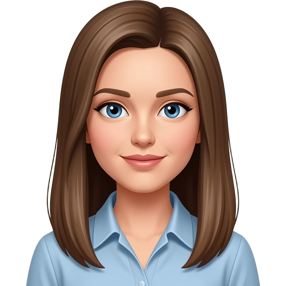 make her have longer hair to the collar bone but straight. And slightly lighter brown hair with blue eyes. Add a back shirt emoji