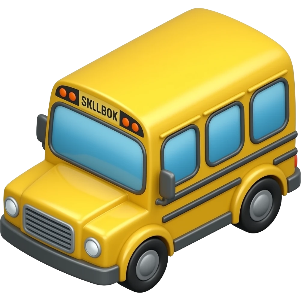 Cute yellow school bus, soft 3D cartoon style, rounded rectangular body, big blue windows, simple front grill, small wheels, smooth matte shading, toy-like proportions, slightly top-down 3/4 view (~60°), centered, white rounded square background with soft teal gradient emoji