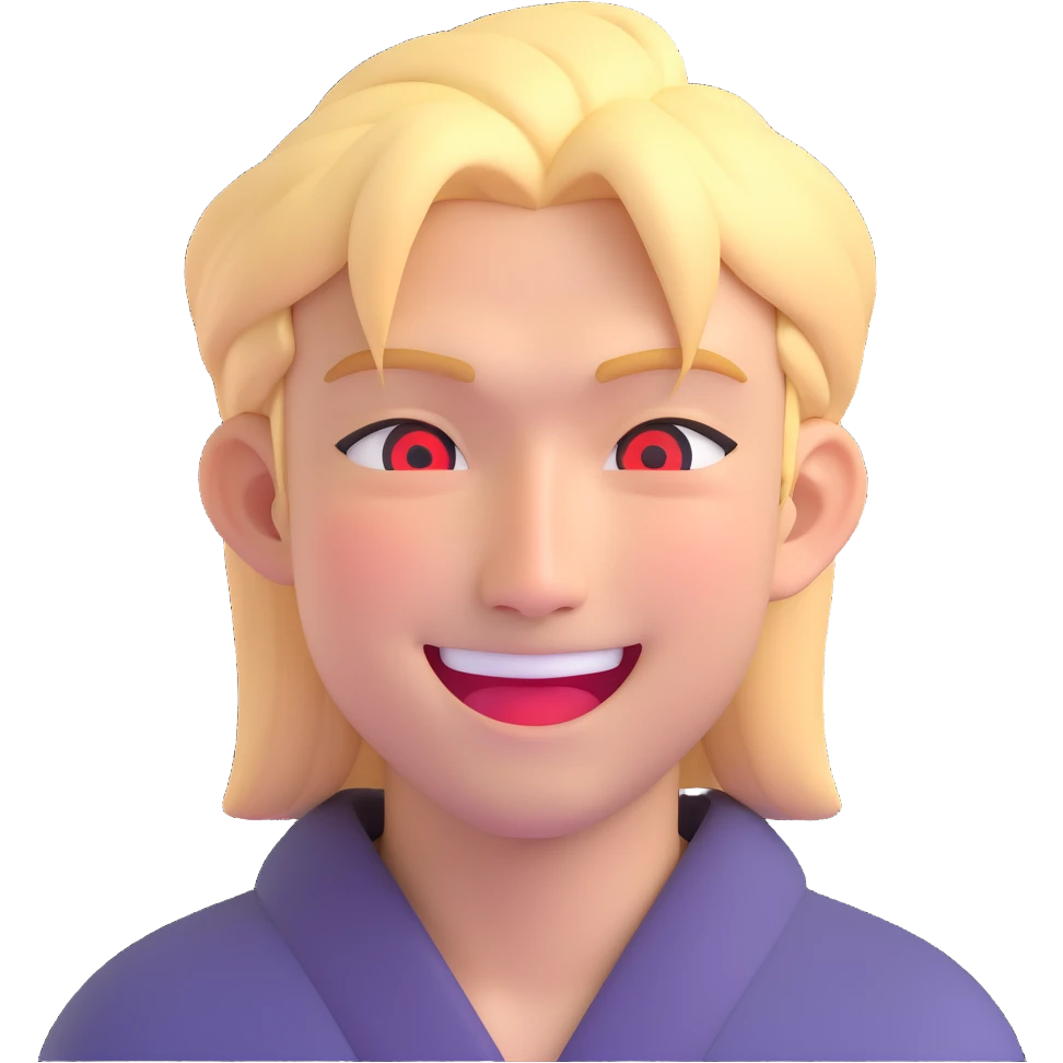 Make the Japanese man with red eyes and blond hair wink, smiling, in 3D emoji style with no background. emoji