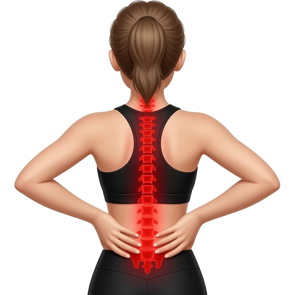 back pain, full red glow covering the entire back with clear spine highlight, woman with hands on lower back, fair-skinned woman, gray-blue eyes, ash brown brows, ash light brown hair tied back, slim athletic body, black workout set emoji