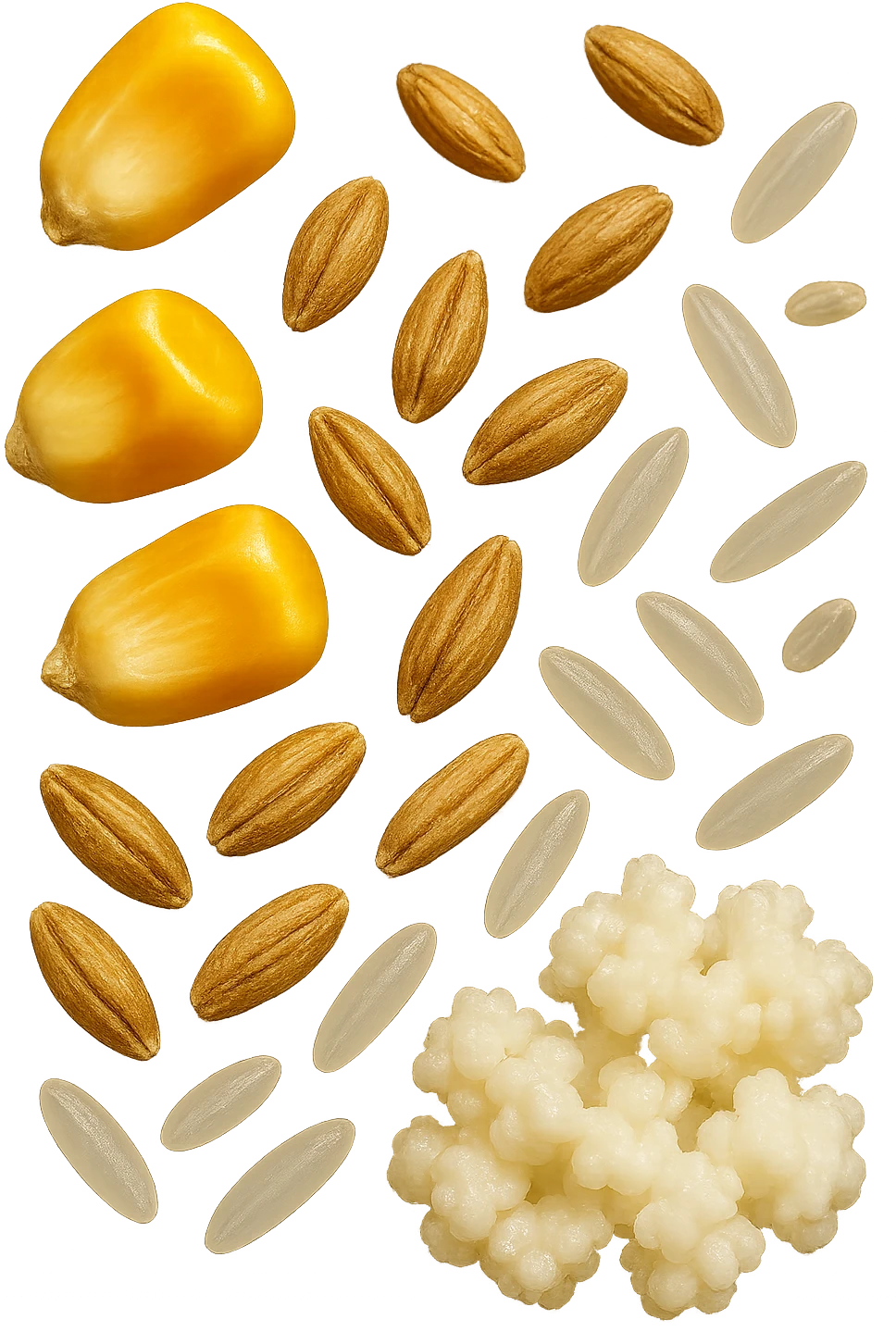 MAIS, FARRO, RISO, KEFIR FLUTTUANO IN ARIA, IPERREALISTICO 4K emoji