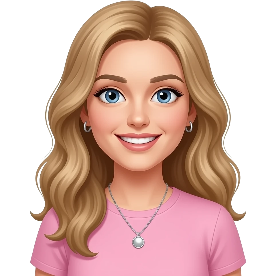woman, blue eyes, late twenties, mousey blonde hair, long wavy hair with middle parting, baby pink t shirt, silver pendant necklace, small silver hoop earrings, long eyelashes, smile with teeth, brown eyebrows emoji