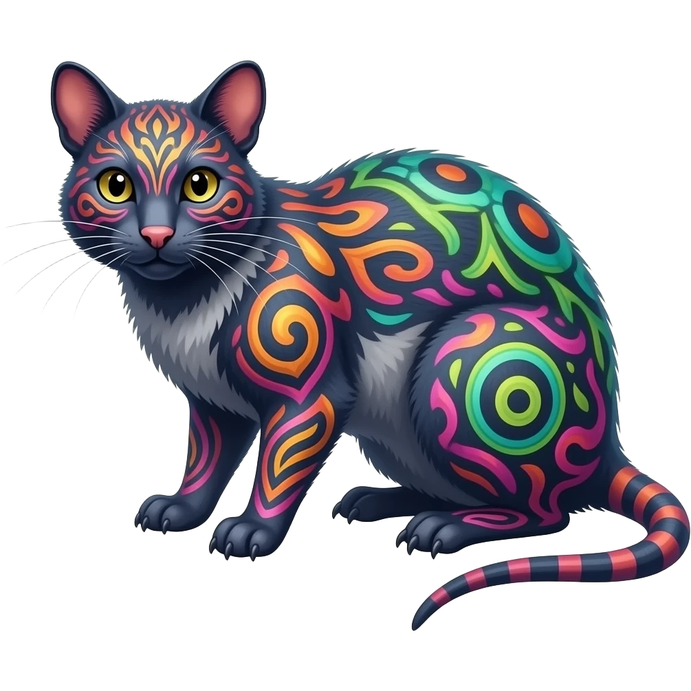 Exotic Neon-colored fantasy feline-rodent-marsupial-critter-vernid-fursona animal creature full body with intricate markings emoji