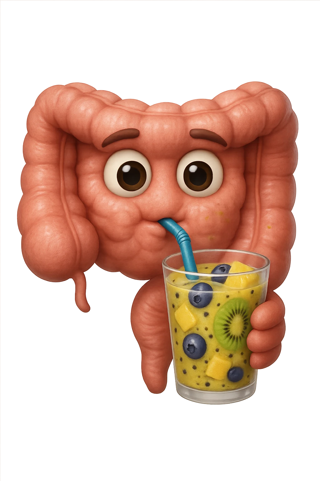 EMOJI STILE IPHONE DI un intestino umano anatomico che beve un frullato di mirtilli, ananas, kiwi, fagli anche la parte bianca degli occhi, non solo le pupille, REALISTICo 4K emoji