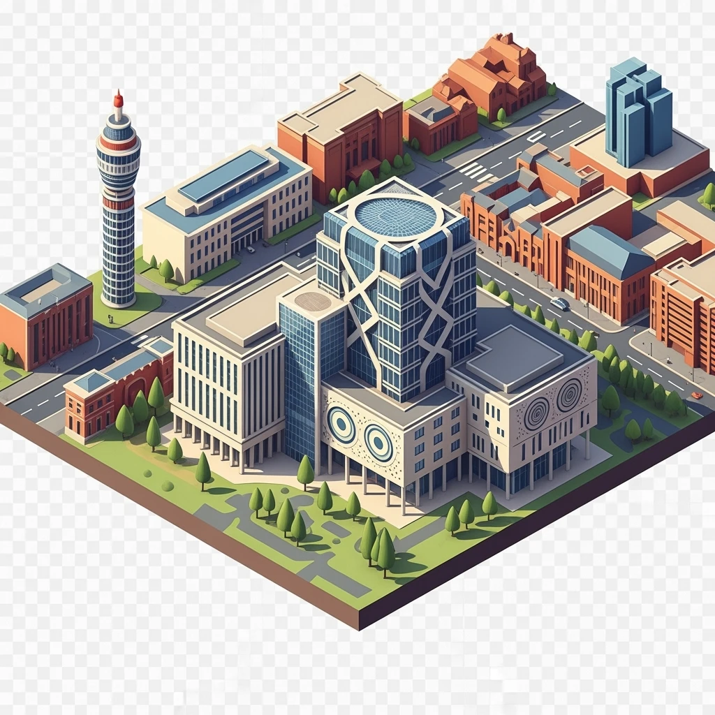Isometric illustration of Birmingham, photorealistic the Library of Birmingham with its modern architecture, balanced between stylized and realistic, 3D miniature effect, transparent background. emoji
