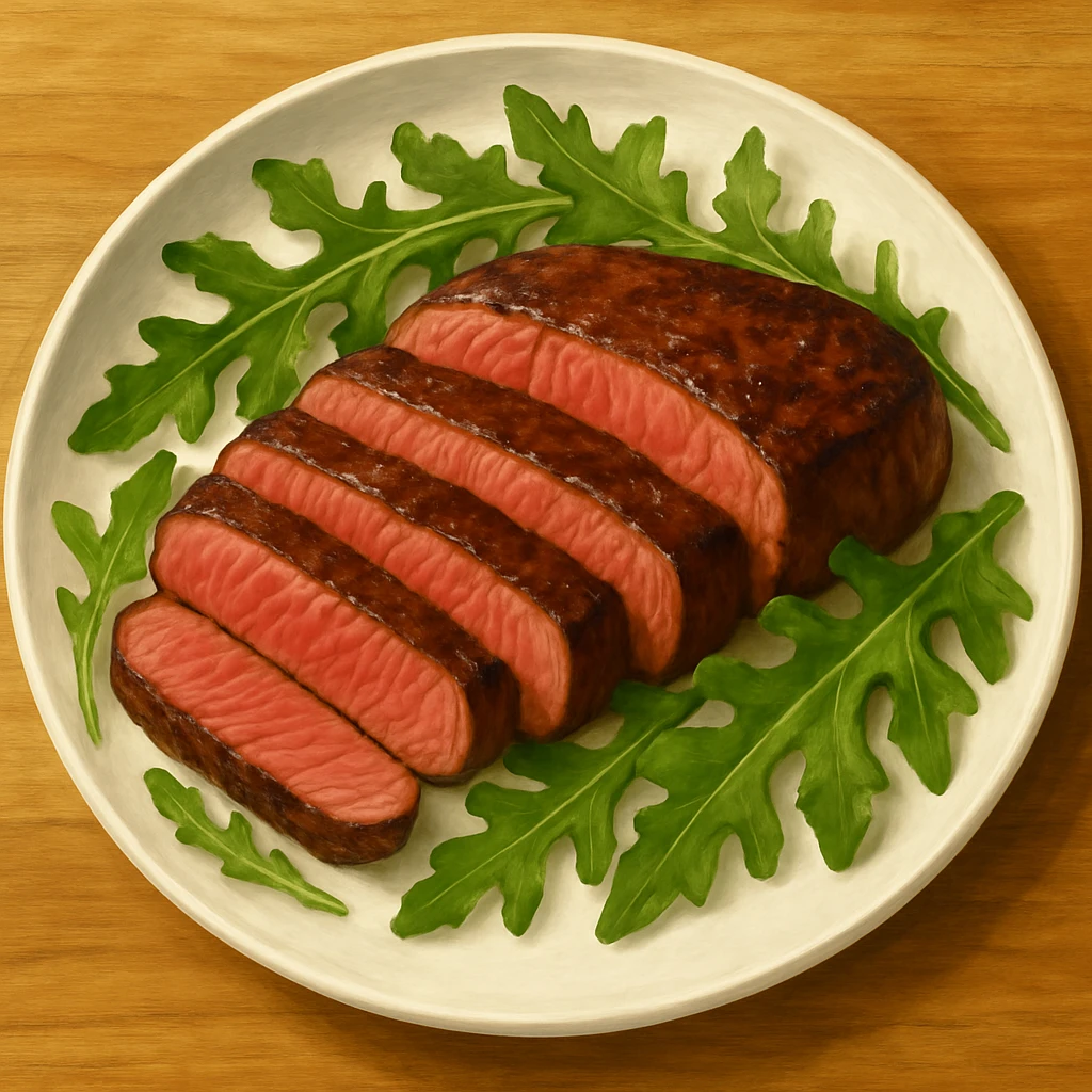 Show the entire plate with sliced beef steak and arugula in a complete top-down view. Create an appetizing food illustration with vibrant colors and detailed textures, emphasizing the freshness and deliciousness of the dish. emoji