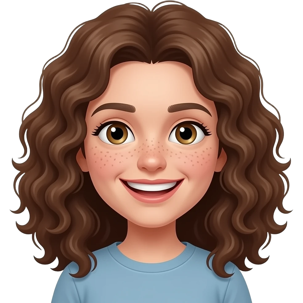 Brown hair wirh curls with a bif creepy smile with freckles emoji