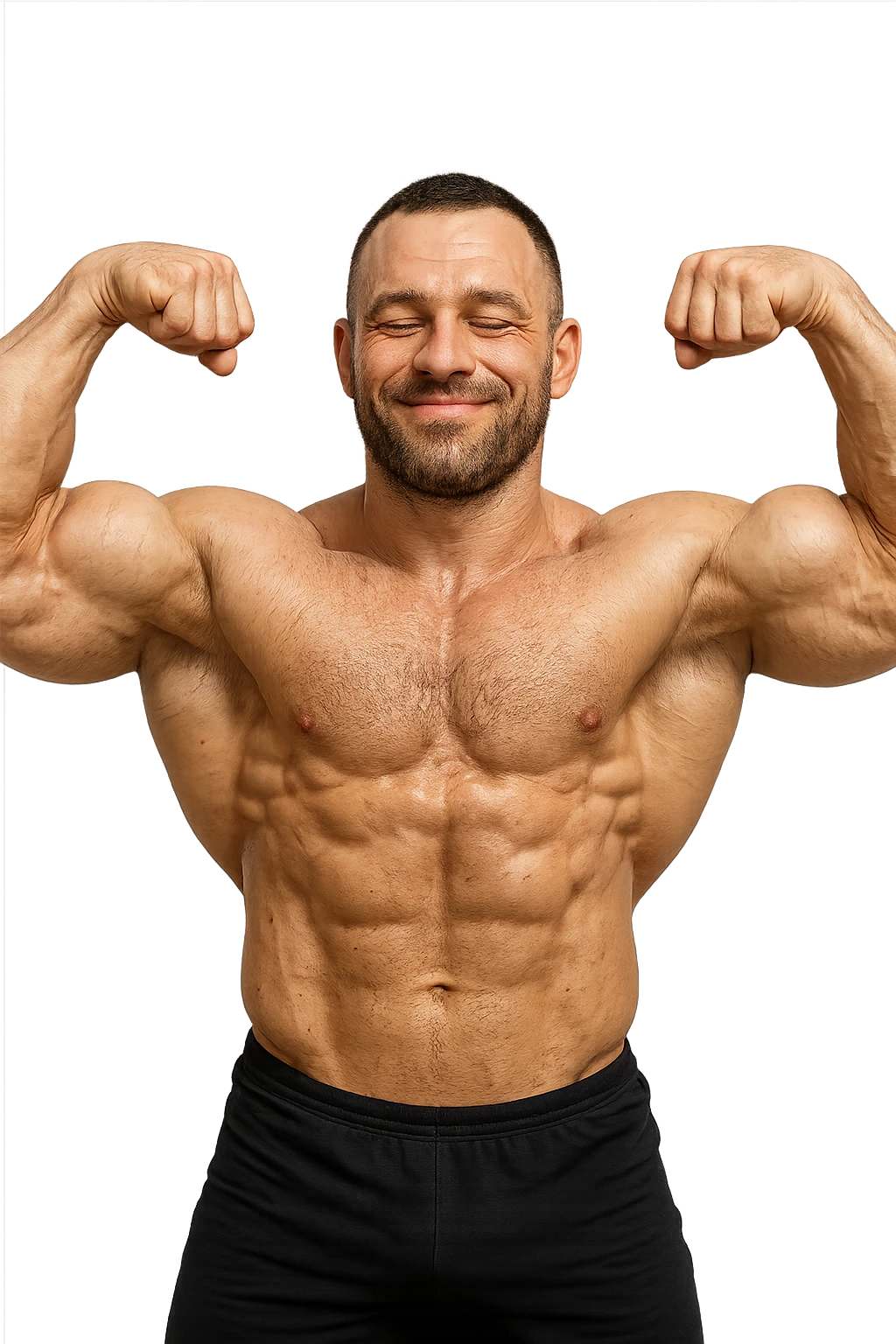 bodybuilder in posa con bicipiti contratti ed espressione soddisfatta, iperrealistico 4k emoji