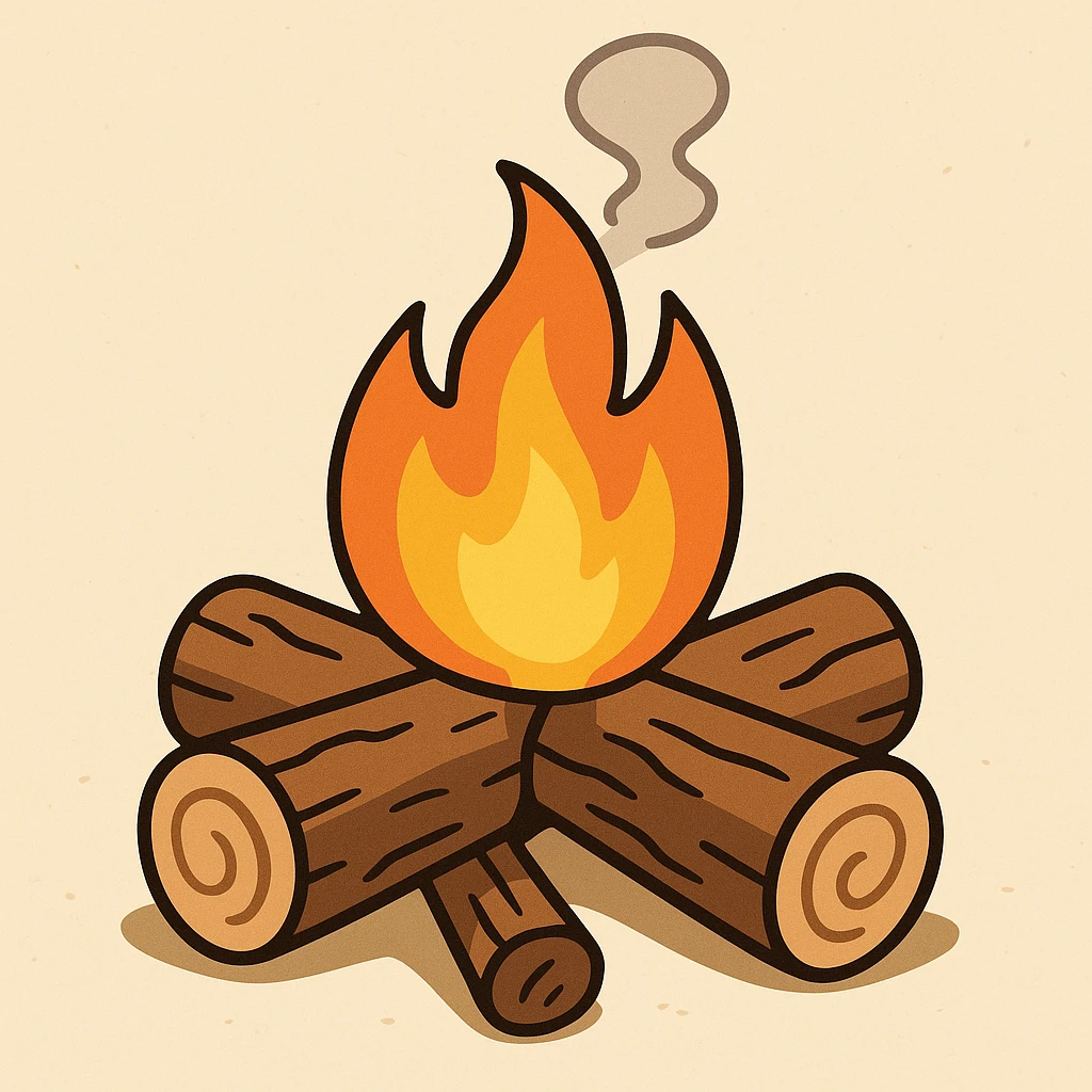 three-log campfire, visible flames, thin stream of smoke, straightforward style, minimal and clear emoji