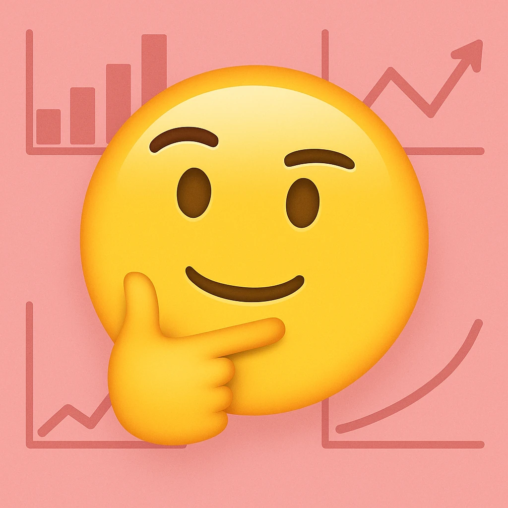 Person thinking with graphs in the background, apple emoji style, smiling with a closed mouth (no teeth), with a pink background. The style should resemble apple emojis with concise details. emoji