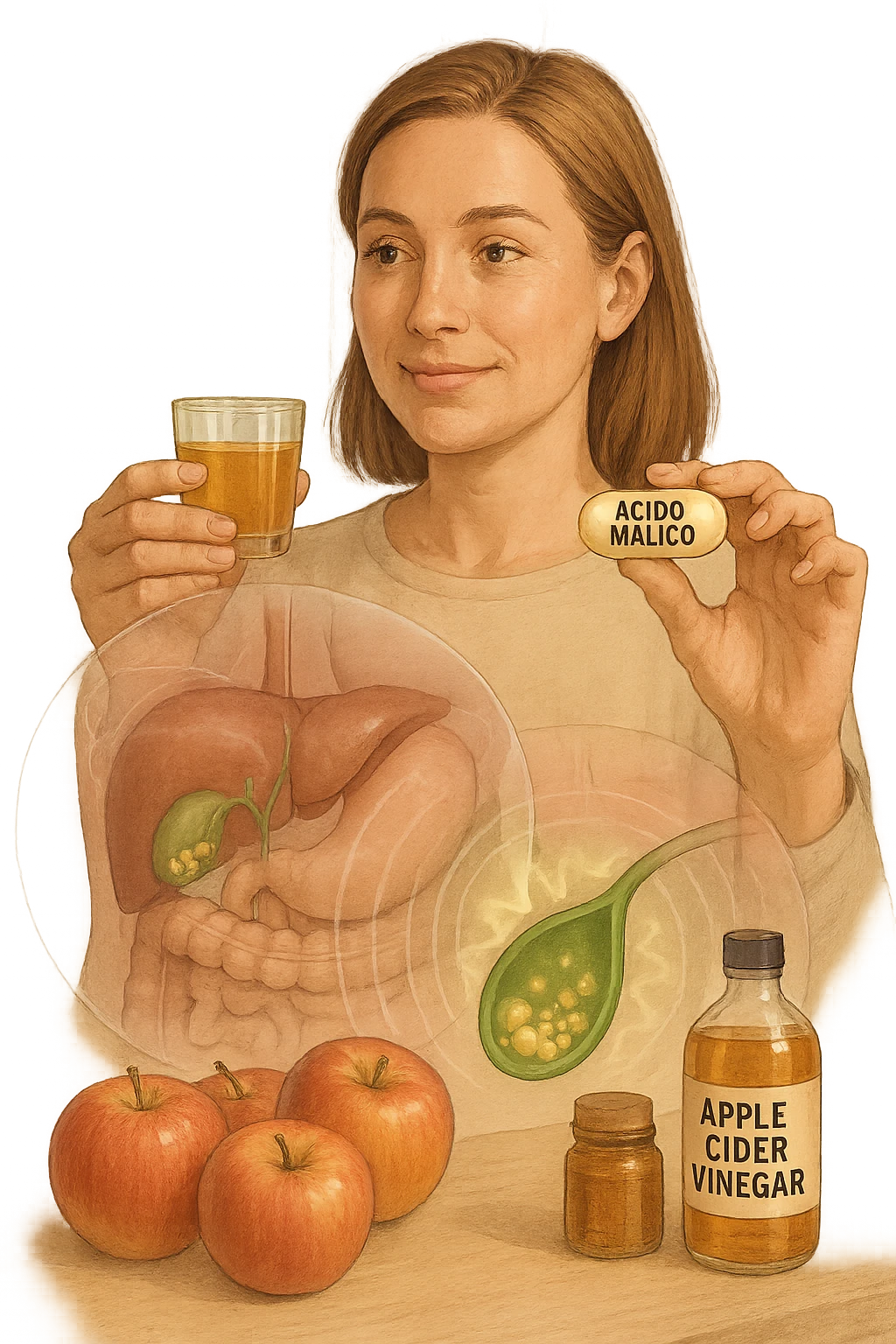 A detailed, realistic illustration or photo-style image showing a person holding a small glass of apple cider vinegar in one hand and a capsule labeled ‘Acido Malico’ in the other. In the foreground or as an overlay, a semi-transparent anatomical view of the abdomen highlights the gallbladder with visible small gallstones inside. Around the gallstones, gentle glowing waves or soft dissolving effects symbolize the softening or breakdown of the stones due to the natural acids. The person looks hopeful and calm, in a bright kitchen setting with fresh apples and natural health products on the counter. The overall mood is informative, natural, and hopeful about non-invasive, natural support for gallstone health emoji
