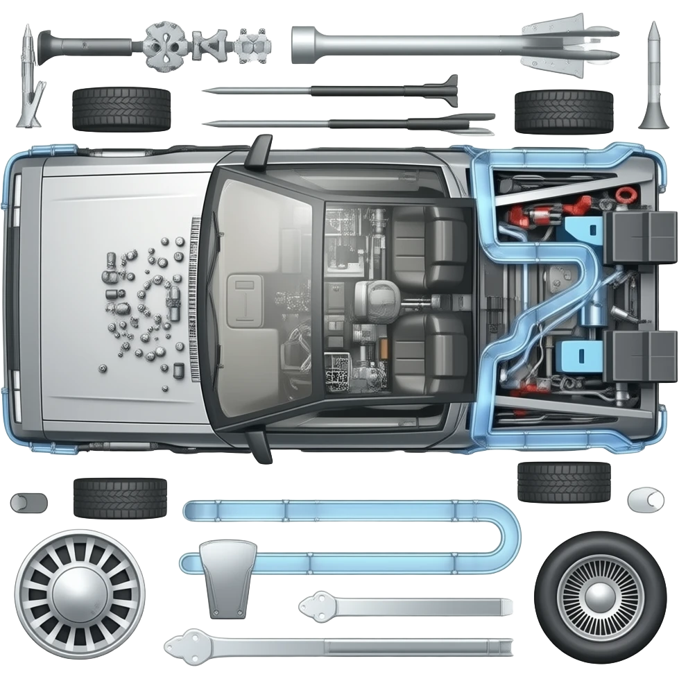 A DeLorean car in spare parts from the top emoji