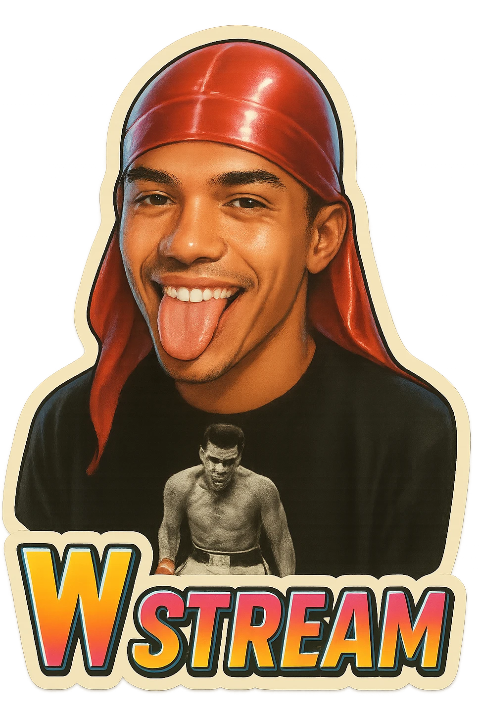 Make him Smiling with tongue sticking 
Change His durag To Red
Add the words W Stream emoji