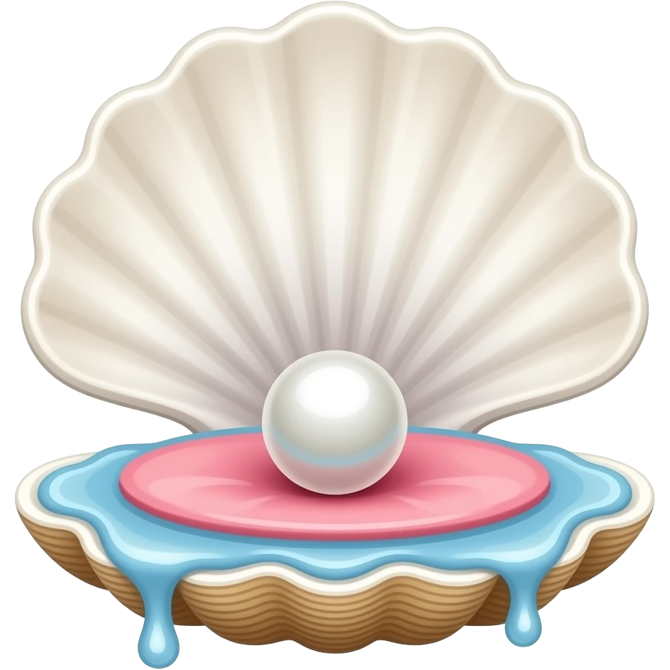 shell opening with strings of transparent goo, inside has pink meat and and a white pearl. emoji