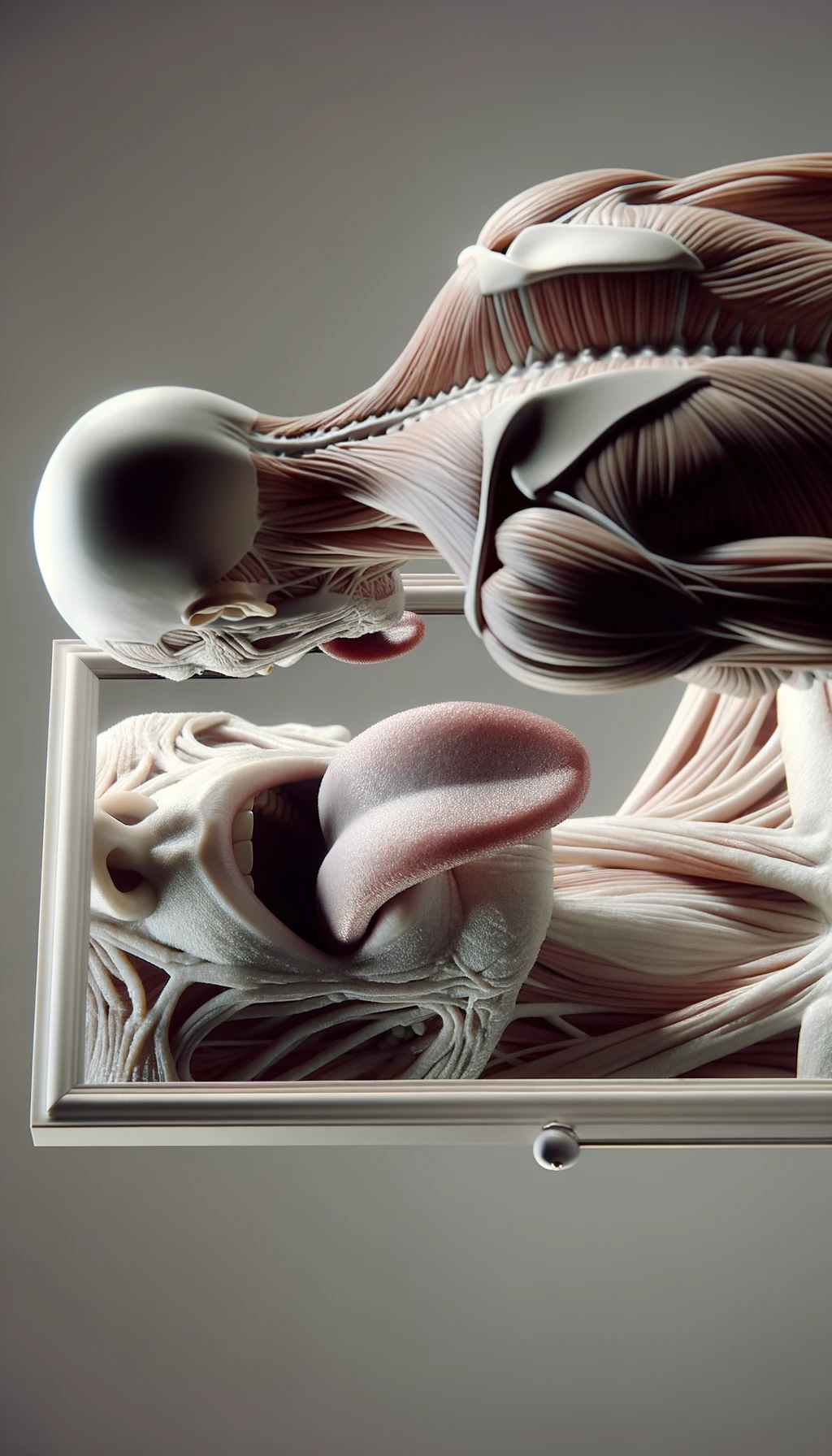 CORPO UMANO ANATOMICO IN PIEDI CHE SI GUARDA LA LINGUA ALLO SPECCHIO , TIENE LA LINGUA FUORI E LA LINGUA è PIENA DI MACCHIE BIANCASTRE, NEUTRAL CLEAR BACKGROUND, iperrealistico 4k emoji