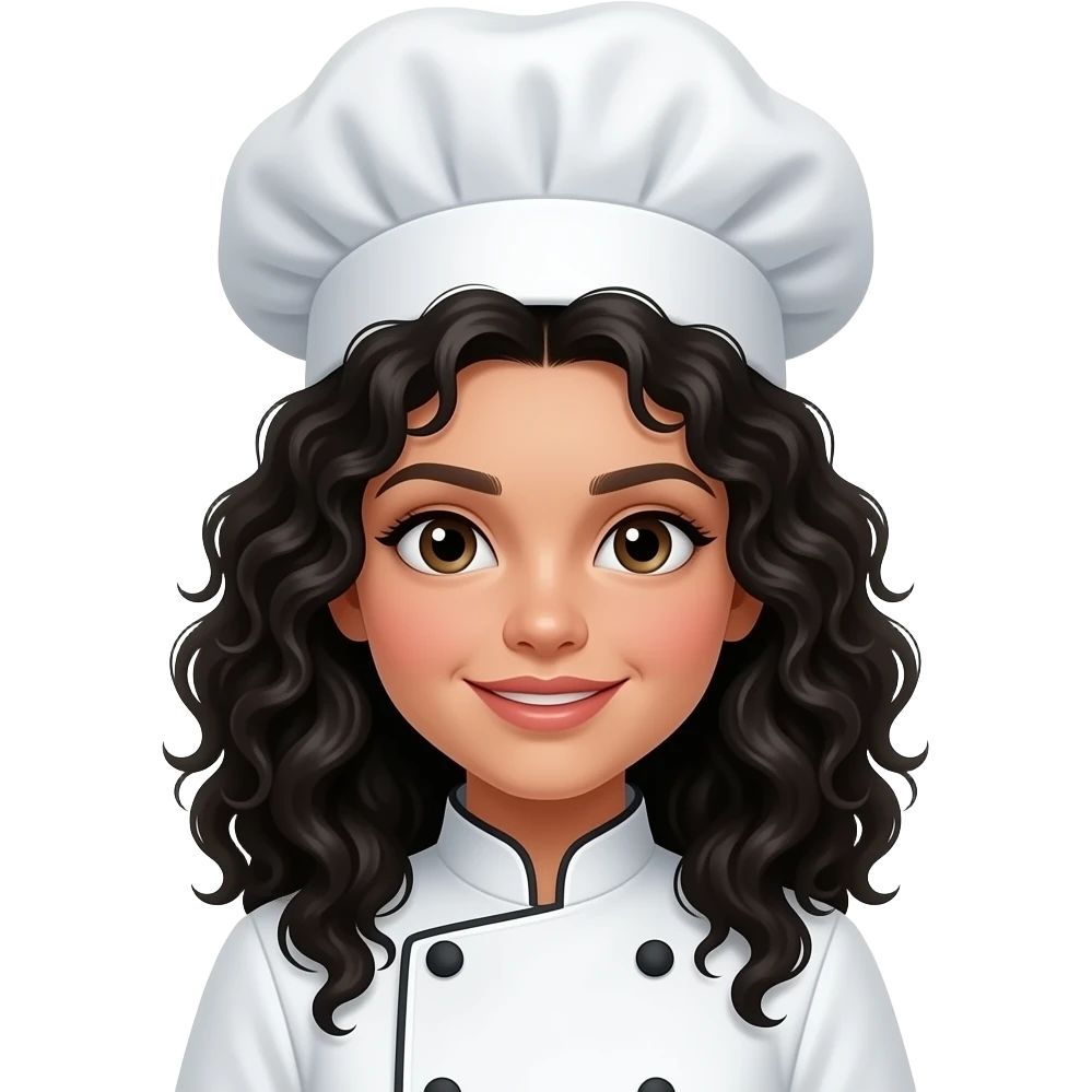 chica morocha con rulos negros y vestida de pastelera emoji
