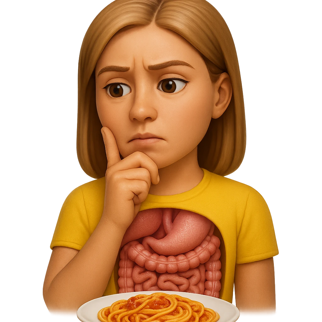 donna che guarda pensierosa con intestino in evidenza un piatto di pasta, stile emoji iphone, iperrealistico 4k emoji