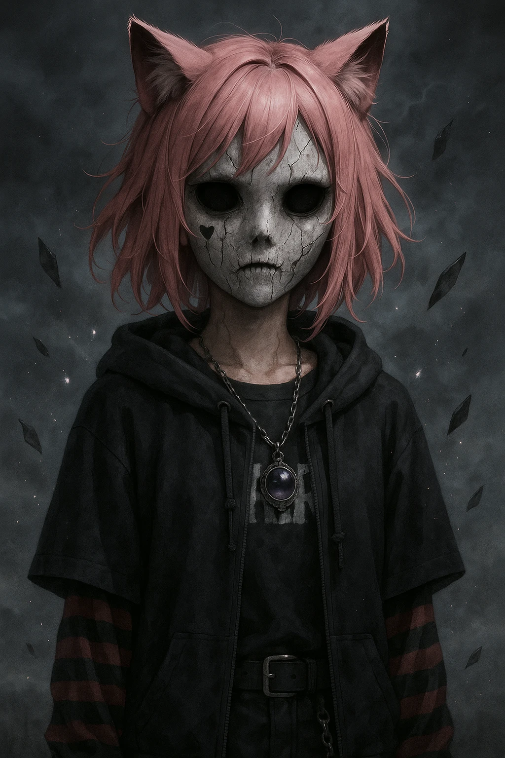 realistic anime catgirl with pink hair, emo streetwear, heart tattoo under left eye, dark magical accessory, sparkles, stormy background, ghostly horror look with cracked mask, empty eyes, and floating shards emoji